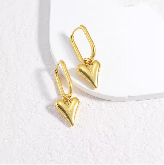 Gold Plated Puffy Heart Dangle Hoop Earrings – Minimalist &amp; Chic