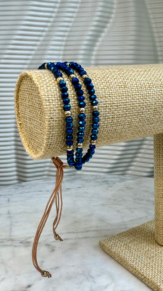 Blue Beaded Wrap Bracelet with Adjustable Closure